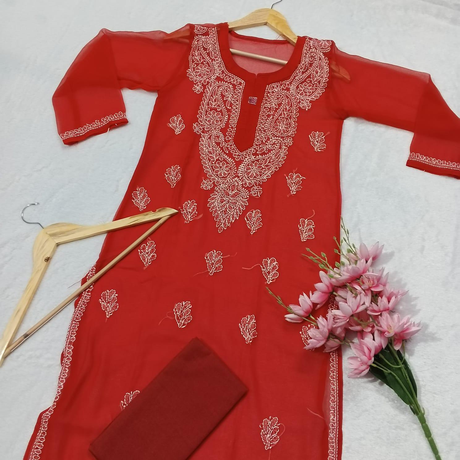 Red Chikan Georgette Long Kurti - Buy Lakhnavi Chikan Kurtis Online at  Sahiba Handicrafts